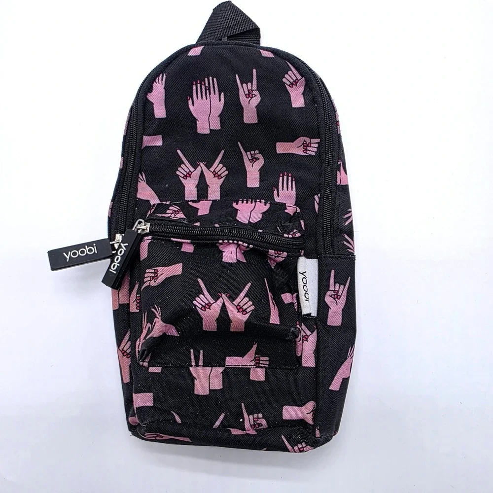 Yoobi Mini Backpack Pencil Case Black Pink Hand Gesture Print School Supplies